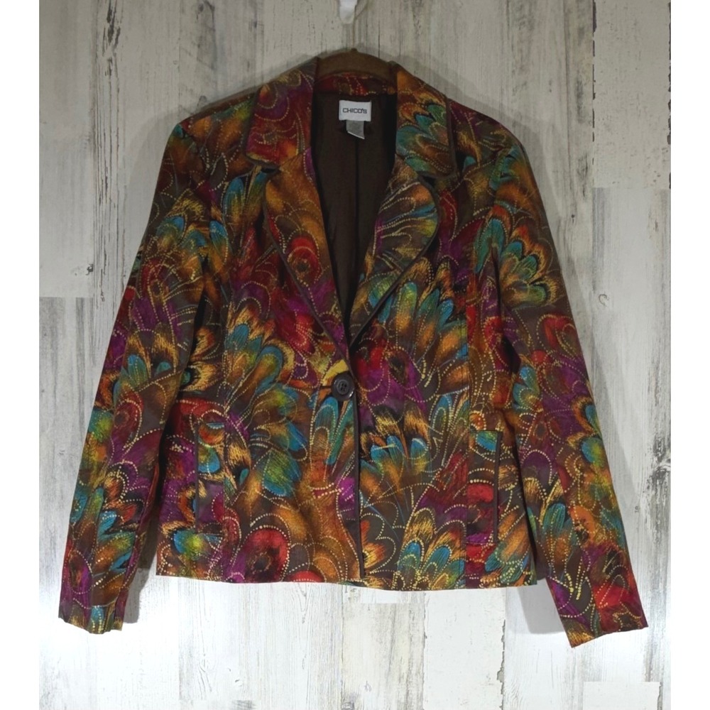 Chicos Blazer Size 2 Large Multicolor Abstract Peacock Feather Print Lady Jacket
